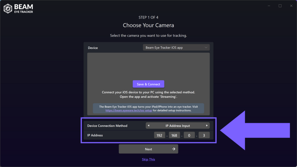 Beam Eye Tracker - Select Beam Eye Tracker iOS app camera input - Connection Method