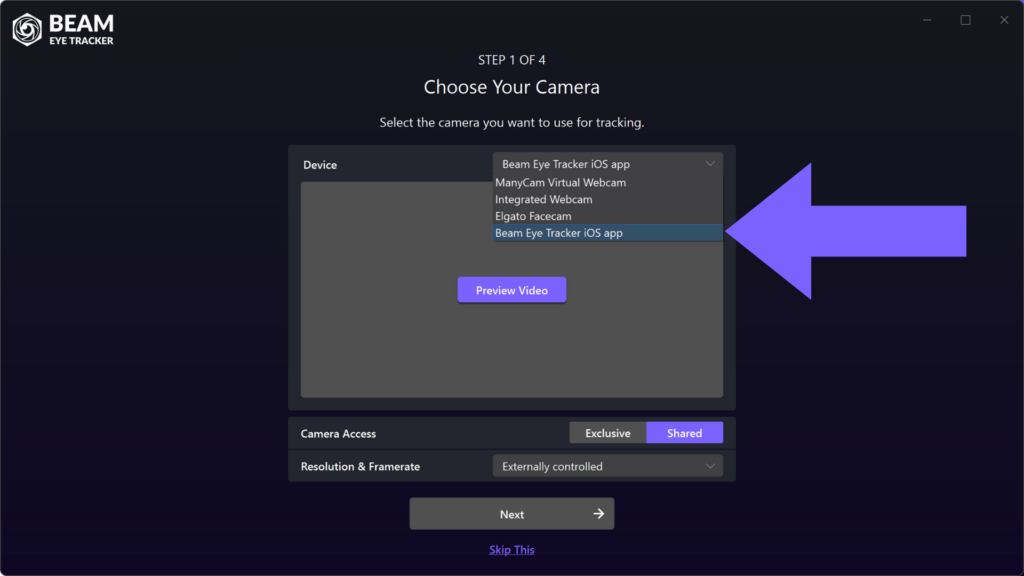 Beam Eye Tracker - Select Beam Eye Tracker iOS app camera input - Quick Setup