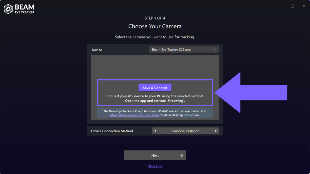 Beam Eye Tracker Select Beam Eye Tracker iOS app camera input Start Streaming Save Connect