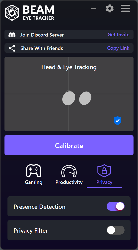 Beam Eye Tracker UI - Privacy Tab