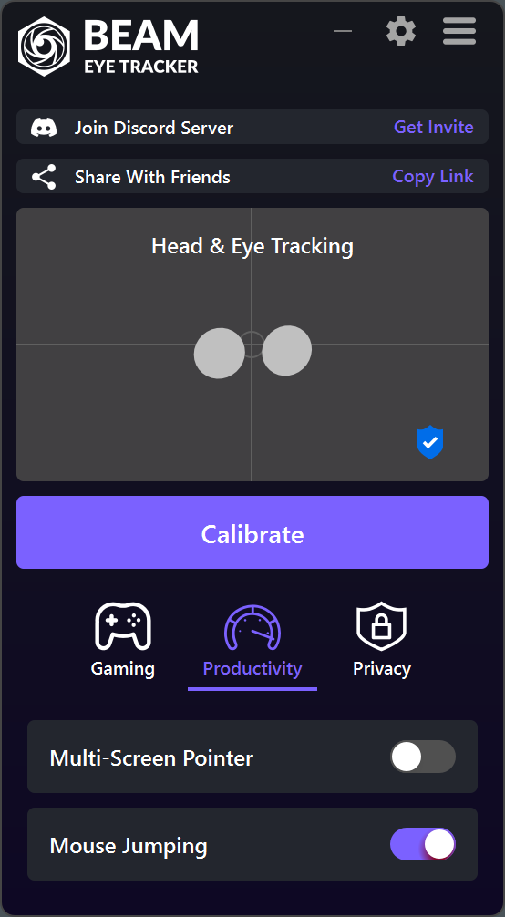 Beam Eye Tracker UI - Productivity Tab