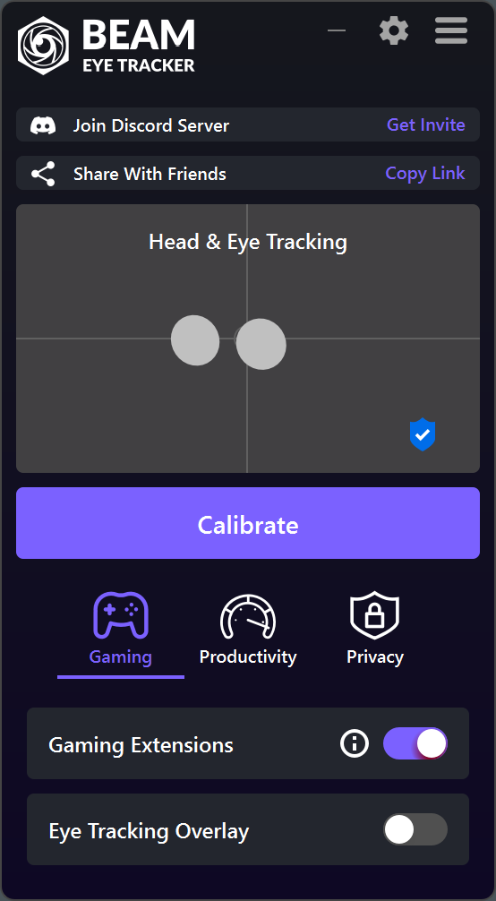 Beam Eye Tracker UI - Gaming Tab