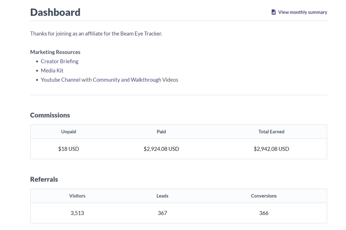 Affiliate dashboard showing commissions and referrals