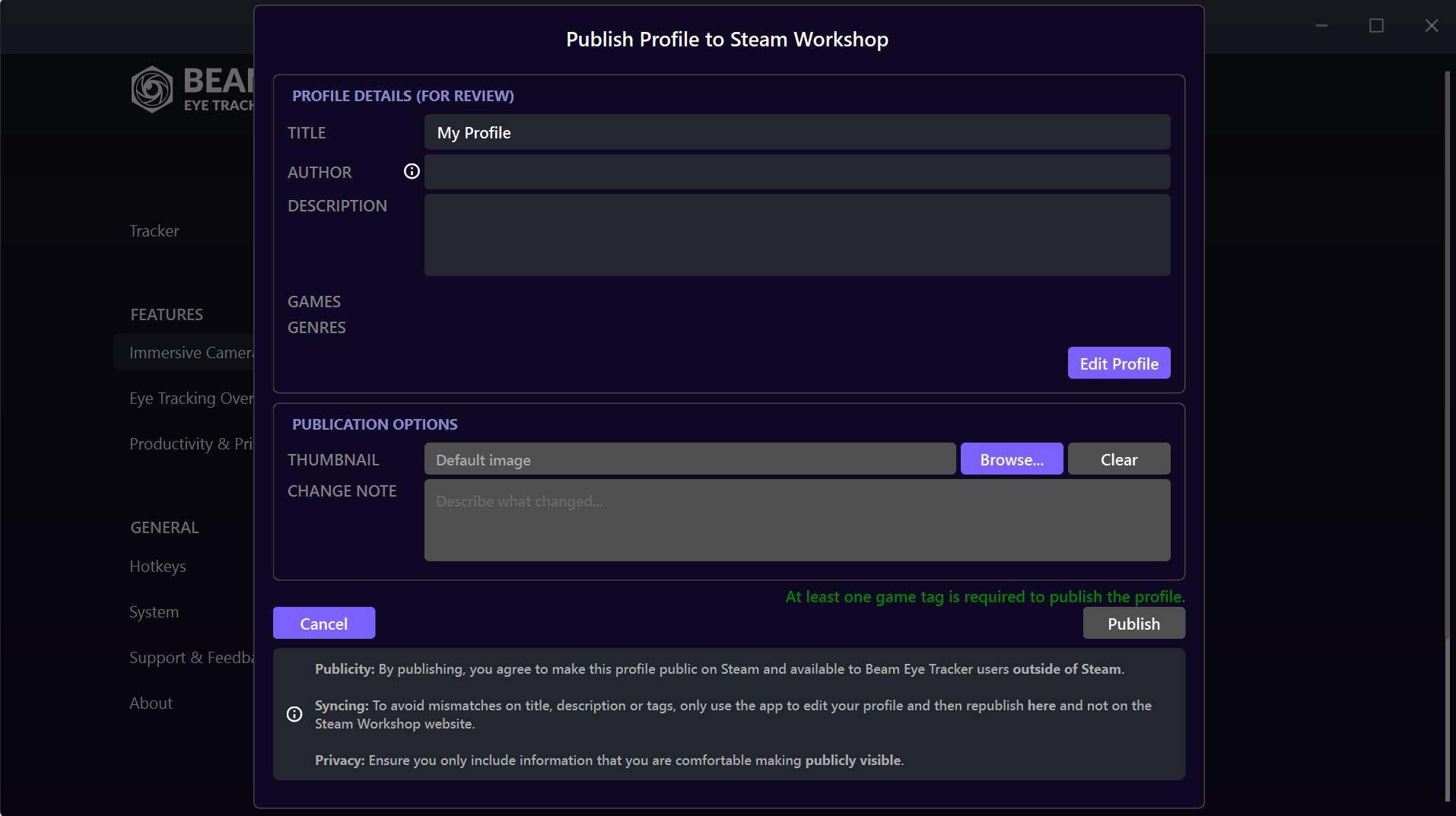 Immersive Camera: Publish Your Profile on Steam